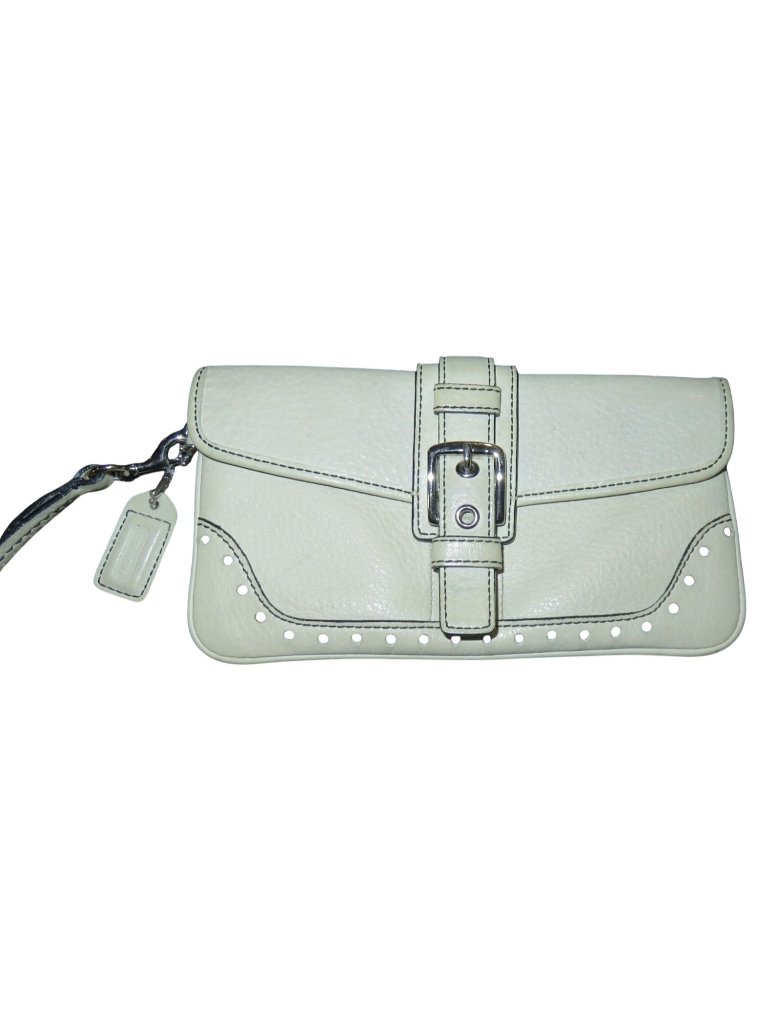 Coach White Pebbled Leather Buckle And Stud Embellished Wristlet Pouch & Hangtag